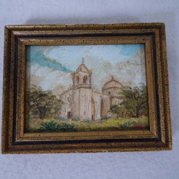 Vintage Miniature Oil Painting Landscape Church Gold Frame Signed Original - Picture 2 of 9